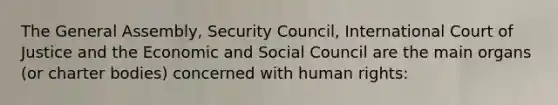 The General Assembly, Security Council, International Court of Justice and the Economic and Social Council are the main organs (or charter bodies) concerned with human rights: