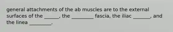 general attachments of the ab muscles are to the external surfaces of the ______, the _________ fascia, the iliac _______, and the linea _________.