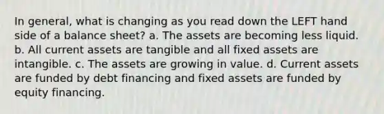 In general, what is changing as you read down the LEFT hand side of a balance sheet? a. The assets are becoming less liquid. b. All current assets are tangible and all fixed assets are intangible. c. The assets are growing in value. d. Current assets are funded by debt financing and fixed assets are funded by equity financing.