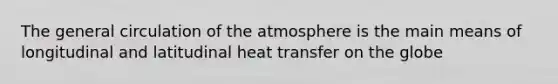 The general circulation of the atmosphere is the main means of longitudinal and latitudinal heat transfer on the globe