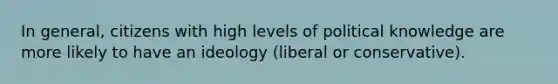 In general, citizens with high levels of political knowledge are more likely to have an ideology (liberal or conservative).