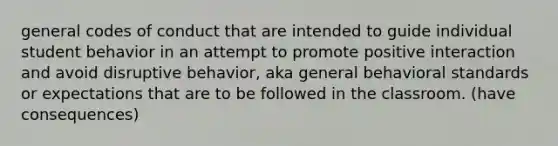 general codes of conduct that are intended to guide individual student behavior in an attempt to promote positive interaction and avoid disruptive behavior, aka general behavioral standards or expectations that are to be followed in the classroom. (have consequences)