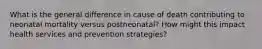 What is the general difference in cause of death contributing to neonatal mortality versus postneonatal? How might this impact health services and prevention strategies?