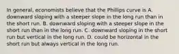 In general, economists believe that the Phillips curve is A. downward sloping with a steeper slope in the long run than in the short run. B. downward sloping with a steeper slope in the short run than in the long run. C. downward sloping in the short run but vertical in the long run. D. could be horizontal in the short run but always vertical in the long run.