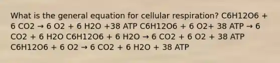 What is the general equation for cellular respiration? C6H12O6 + 6 CO2 → 6 O2 + 6 H2O +38 ATP C6H12O6 + 6 O2+ 38 ATP → 6 CO2 + 6 H2O C6H12O6 + 6 H2O → 6 CO2 + 6 O2 + 38 ATP C6H12O6 + 6 O2 → 6 CO2 + 6 H2O + 38 ATP