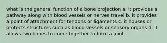 what is the general function of a bone projection a. it provides a pathway along with blood vessels or nerves travel b. it provides a point of attachment for tendons or ligaments c. it houses or protects structures such as blood vessels or sensory organs d. it allows two bones to come together to form a joint