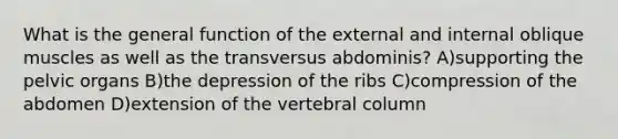 What is the general function of the external and internal oblique muscles as well as the transversus abdominis? A)supporting the pelvic organs B)the depression of the ribs C)compression of the abdomen D)extension of the vertebral column