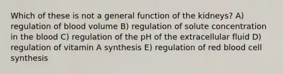 Which of these is not a general function of the kidneys? A) regulation of blood volume B) regulation of solute concentration in the blood C) regulation of the pH of the extracellular fluid D) regulation of vitamin A synthesis E) regulation of red blood cell synthesis