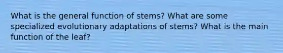 What is the general function of stems? What are some specialized evolutionary adaptations of stems? What is the main function of the leaf?