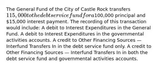 The General Fund of the City of Castle Rock transfers 115,000 to the debt service fund for a100,000 principal and 15,000 interest payment. The recording of this transaction would include: A debit to Interest Expenditures in the General Fund. A debit to Interest Expenditures in the governmental activities accounts. A credit to Other Financing Sources — Interfund Transfers In in the debt service fund only. A credit to Other Financing Sources — Interfund Transfers In in both the debt service fund and governmental activities accounts.