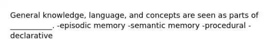 General knowledge, language, and concepts are seen as parts of ___________. -episodic memory -semantic memory -procedural -declarative