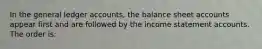 In the general ledger accounts, the balance sheet accounts appear first and are followed by the income statement accounts. The order is: