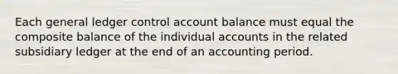 Each general ledger control account balance must equal the composite balance of the individual accounts in the related subsidiary ledger at the end of an accounting period.