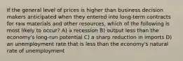 If the general level of prices is higher than business decision makers anticipated when they entered into long-term contracts for raw materials and other resources, which of the following is most likely to occur? A) a recession B) output less than the economy's long-run potential C) a sharp reduction in imports D) an unemployment rate that is less than the economy's natural rate of unemployment