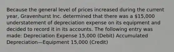 Because the general level of prices increased during the current year, Gravenhurst Inc. determined that there was a 15,000 understatement of depreciation expense on its equipment and decided to record it in its accounts. The following entry was made: Depreciation Expense 15,000 (Debit) Accumulated Depreciation—Equipment 15,000 (Credit)