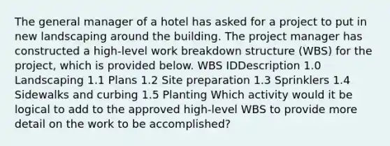 The general manager of a hotel has asked for a project to put in new landscaping around the building. The project manager has constructed a high-level work breakdown structure (WBS) for the project, which is provided below. WBS IDDescription 1.0 Landscaping 1.1 Plans 1.2 Site preparation 1.3 Sprinklers 1.4 Sidewalks and curbing 1.5 Planting Which activity would it be logical to add to the approved high-level WBS to provide more detail on the work to be accomplished?