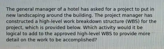 The general manager of a hotel has asked for a project to put in new landscaping around the building. The project manager has constructed a high-level work breakdown structure (WBS) for the project, which is provided below. Which activity would it be logical to add to the approved high-level WBS to provide more detail on the work to be accomplished?