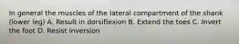 In general the muscles of the lateral compartment of the shank (lower leg) A. Result in dorsiflexion B. Extend the toes C. Invert the foot D. Resist inversion