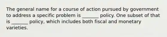 The general name for a course of action pursued by government to address a specific problem is _______ policy. One subset of that is _______ policy, which includes both fiscal and monetary varieties.