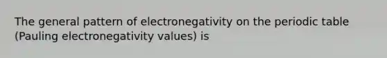 The general pattern of electronegativity on the periodic table (Pauling electronegativity values) is