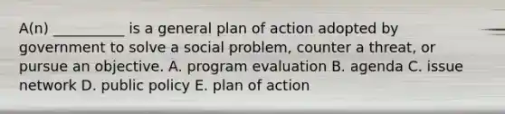 A(n) __________ is a general plan of action adopted by government to solve a social problem, counter a threat, or pursue an objective. A. program evaluation B. agenda C. issue network D. public policy E. plan of action