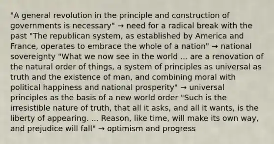 "A general revolution in the principle and construction of governments is necessary" → need for a radical break with the past "The republican system, as established by America and France, operates to embrace the whole of a nation" → national sovereignty "What we now see in the world ... are a renovation of the natural order of things, a system of principles as universal as truth and the existence of man, and combining moral with political happiness and national prosperity" → universal principles as the basis of a new world order "Such is the irresistible nature of truth, that all it asks, and all it wants, is the liberty of appearing. ... Reason, like time, will make its own way, and prejudice will fall" → optimism and progress