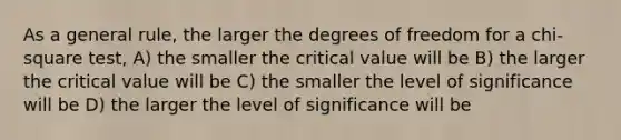 As a general rule, the larger the degrees of freedom for a chi-square test, A) the smaller the critical value will be B) the larger the critical value will be C) the smaller the level of significance will be D) the larger the level of significance will be