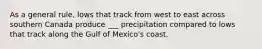 As a general rule, lows that track from west to east across southern Canada produce ___ precipitation compared to lows that track along the Gulf of Mexico's coast.