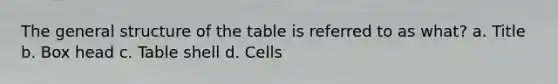 The general structure of the table is referred to as what? a. Title b. Box head c. Table shell d. Cells