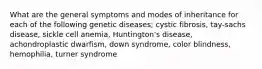 What are the general symptoms and modes of inheritance for each of the following genetic diseases; cystic fibrosis, tay-sachs disease, sickle cell anemia, Huntington's disease, achondroplastic dwarfism, down syndrome, color blindness, hemophilia, turner syndrome