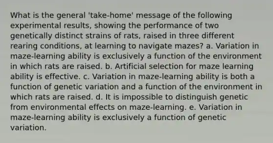 What is the general 'take-home' message of the following experimental results, showing the performance of two genetically distinct strains of rats, raised in three different rearing conditions, at learning to navigate mazes? a. Variation in maze-learning ability is exclusively a function of the environment in which rats are raised. b. Artificial selection for maze learning ability is effective. c. Variation in maze-learning ability is both a function of genetic variation and a function of the environment in which rats are raised. d. It is impossible to distinguish genetic from environmental effects on maze-learning. e. Variation in maze-learning ability is exclusively a function of genetic variation.