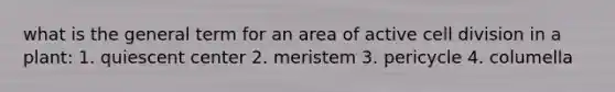 what is the general term for an area of active cell division in a plant: 1. quiescent center 2. meristem 3. pericycle 4. columella