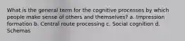 What is the general term for the cognitive processes by which people make sense of others and themselves? a. Impression formation b. Central route processing c. Social cognition d. Schemas