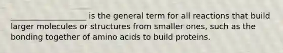 ___________________ is the general term for all reactions that build larger molecules or structures from smaller ones, such as the bonding together of <a href='https://www.questionai.com/knowledge/k9gb720LCl-amino-acids' class='anchor-knowledge'>amino acids</a> to build proteins.