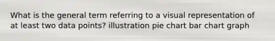 What is the general term referring to a visual representation of at least two data points? illustration pie chart bar chart graph