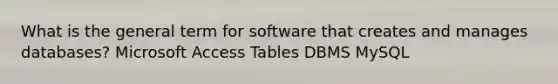 What is the general term for software that creates and manages databases? Microsoft Access Tables DBMS MySQL