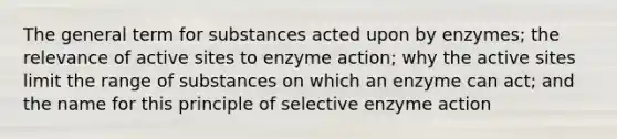 The general term for substances acted upon by enzymes; the relevance of active sites to enzyme action; why the active sites limit the range of substances on which an enzyme can act; and the name for this principle of selective enzyme action