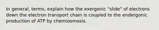 In general, terms, explain how the exergonic "slide" of electrons down <a href='https://www.questionai.com/knowledge/k57oGBr0HP-the-electron-transport-chain' class='anchor-knowledge'>the electron transport chain</a> is coupled to the endergonic production of ATP by chemiosmosis.