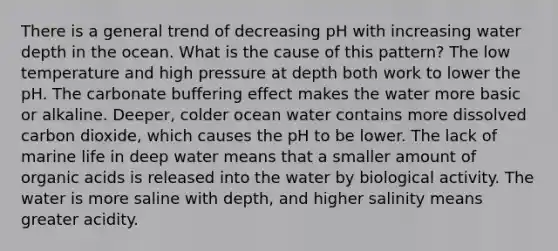 There is a general trend of decreasing pH with increasing water depth in the ocean. What is the cause of this pattern? The low temperature and high pressure at depth both work to lower the pH. The carbonate buffering effect makes the water more basic or alkaline. Deeper, colder ocean water contains more dissolved carbon dioxide, which causes the pH to be lower. The lack of marine life in deep water means that a smaller amount of organic acids is released into the water by biological activity. The water is more saline with depth, and higher salinity means greater acidity.