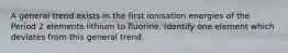 A general trend exists in the first ionisation energies of the Period 2 elements lithium to fluorine. Identify one element which deviates from this general trend.