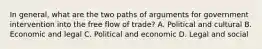 In general, what are the two paths of arguments for government intervention into the free flow of trade? A. Political and cultural B. Economic and legal C. Political and economic D. Legal and social