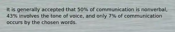 It is generally accepted that 50% of communication is nonverbal, 43% involves the tone of voice, and only 7% of communication occurs by the chosen words.