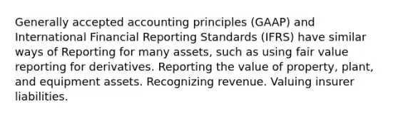 Generally accepted accounting principles (GAAP) and International Financial Reporting Standards (IFRS) have similar ways of Reporting for many assets, such as using fair value reporting for derivatives. Reporting the value of property, plant, and equipment assets. Recognizing revenue. Valuing insurer liabilities.