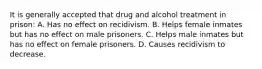 It is generally accepted that drug and alcohol treatment in prison: A. Has no effect on recidivism. B. Helps female inmates but has no effect on male prisoners. C. Helps male inmates but has no effect on female prisoners. D. Causes recidivism to decrease.