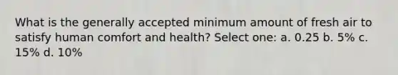 What is the generally accepted minimum amount of fresh air to satisfy human comfort and health? Select one: a. 0.25 b. 5% c. 15% d. 10%