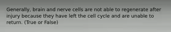 Generally, brain and nerve cells are not able to regenerate after injury because they have left the <a href='https://www.questionai.com/knowledge/keQNMM7c75-cell-cycle' class='anchor-knowledge'>cell cycle</a> and are unable to return. (True or False)