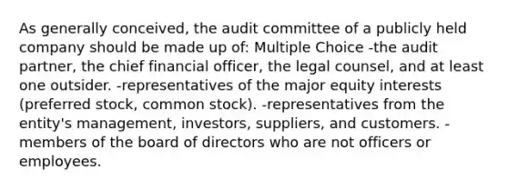 As generally conceived, the audit committee of a publicly held company should be made up of: Multiple Choice -the audit partner, the chief financial officer, the legal counsel, and at least one outsider. -representatives of the major equity interests (preferred stock, common stock). -representatives from the entity's management, investors, suppliers, and customers. -members of the board of directors who are not officers or employees.