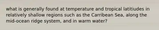 what is generally found at temperature and tropical latitiudes in relatively shallow regions such as the Carribean Sea, along the mid-ocean ridge system, and in warm water?