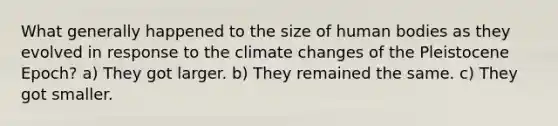 What generally happened to the size of human bodies as they evolved in response to the climate changes of the Pleistocene Epoch? a) They got larger. b) They remained the same. c) They got smaller.