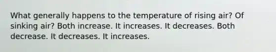 What generally happens to the temperature of rising air? Of sinking air? Both increase. It increases. It decreases. Both decrease. It decreases. It increases.